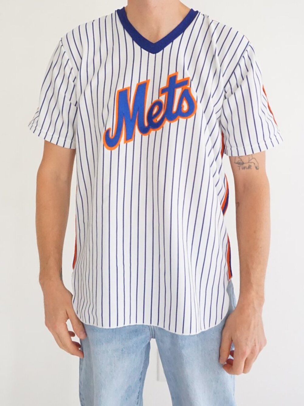 Vintage New York Mets White Blue Orange Pinstripe MLB Baseball Athletic Jersey L
